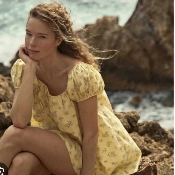 Doen Julie Yellow Floral Puff Sleeve Mini Dress XS RARE - Picture 2 of 5